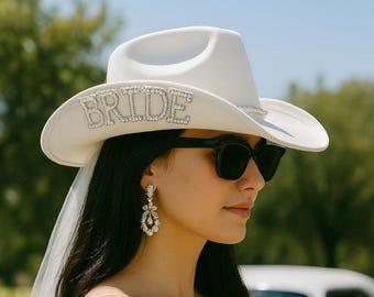 3532 Bride Cowgirl Hat With Veil, Bachelorette Cowboy Hat, Glasses, Earring Bride Cowgirl Hat - bride hat + veil | xo, Fetti main image 3