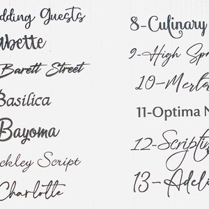 Pode incluir: Uma lista de 13 nomes de fontes escritas &agrave; m&atilde;o, numeradas de 1 a 13. Os nomes das fontes s&atilde;o: Wedding Guests, Babette, Barett Street, Basilica, Bayoma, Bickley Script, Charlotte, Culinary, High Sprited, Merlot, Optima Nova, Scripting e Adelia.