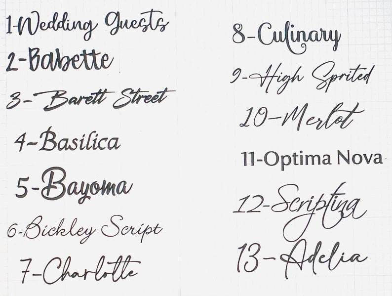 Pode incluir: Uma lista de 13 nomes de fontes escritas &agrave; m&atilde;o, numeradas de 1 a 13. Os nomes das fontes s&atilde;o: Wedding Guests, Babette, Barett Street, Basilica, Bayoma, Bickley Script, Charlotte, Culinary, High Sprited, Merlot, Optima Nova, Scripting e Adelia.