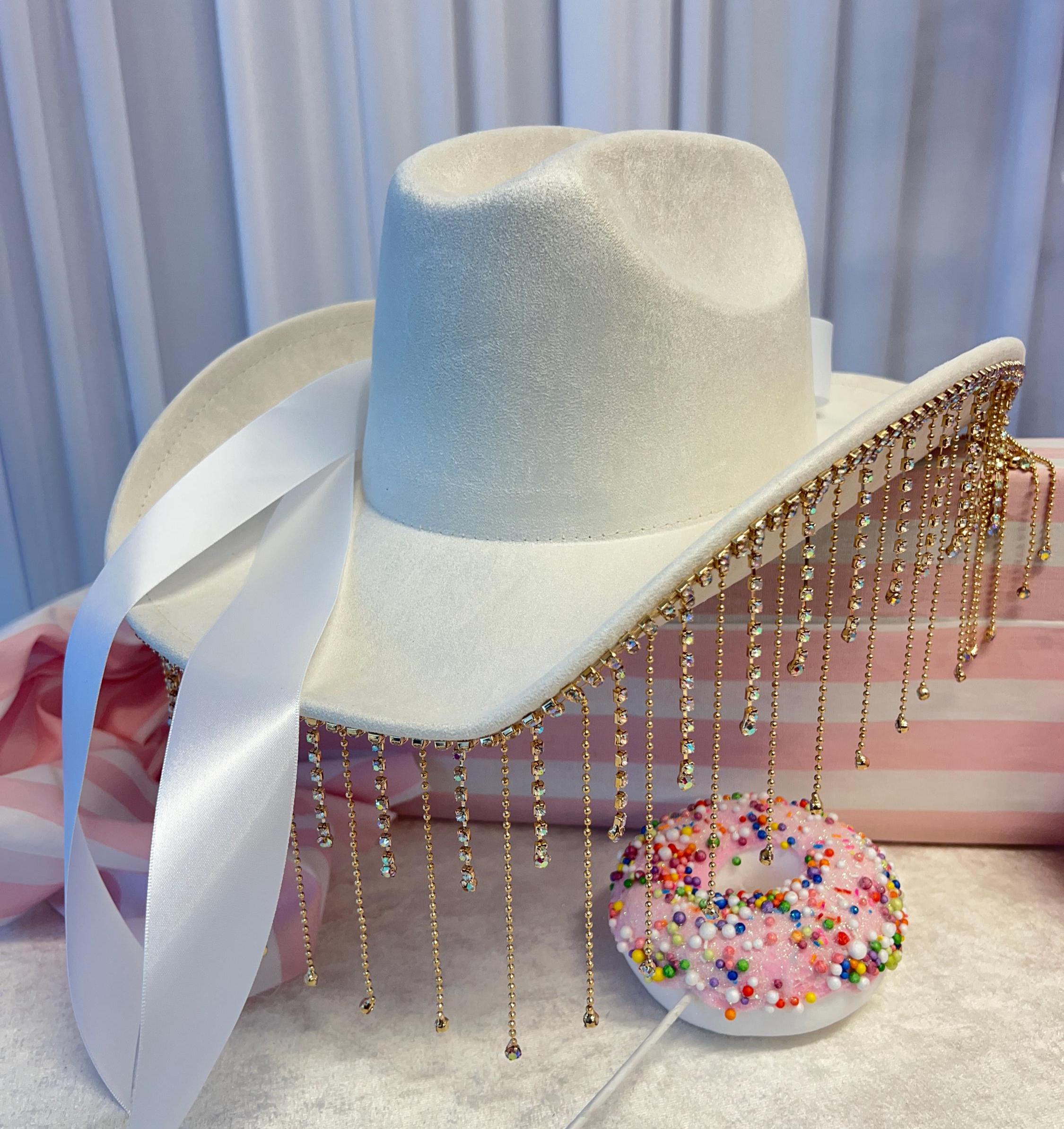 Quality White BRIDE Pearl Accent AB Rhinestones Chain Fringe Western Cowboy Hat White Rhinestone Fringe Cowboy Hat, Bachelorette Cowgirl Hat  main image 4