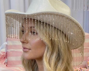 Bride Cowgirl Hat: Pearl Rhinestone Diamond Bridal Shower Nashville Bachelorette Party Hat, Cowboy Disco
