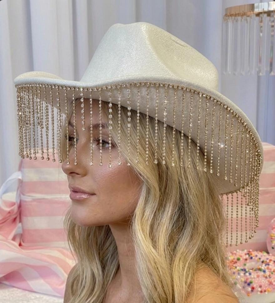Cowboy Hat with Veil Bridal Shower Bachelorette Party Bride Pearl Rhinestones Amazon.com: Rhinestone Bride Cowgirl Hat With Pearl Detail  main image 3