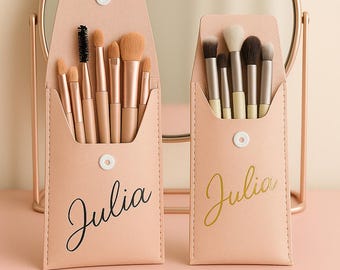 Personalized Makeup Brush Set, Vegan Leather Travel Brushes