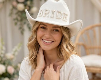 Bride Pearl Cowgirl Hat: Rhinestone Nashville Bachelorette  display picture 3