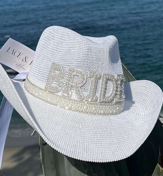 Straw Cowboy Hat with Bride Pearl for Bachelorette Wedding Custom Bride Cowboy Hat With Pearls: Bachelorette Wedding  main image 3