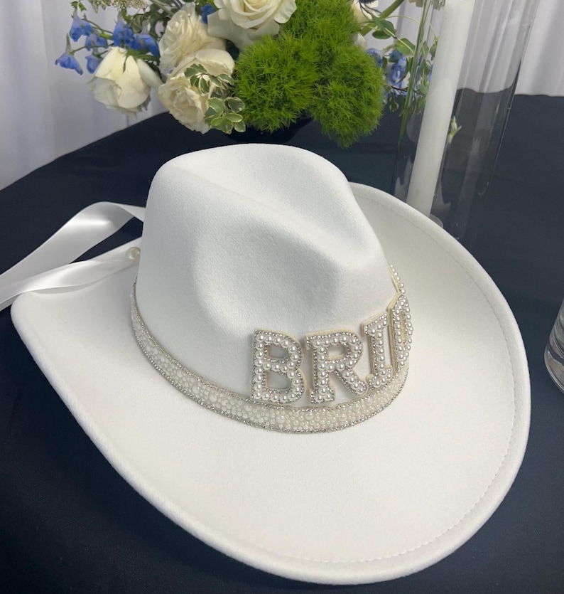 Pearl Bride Cowboy Hat: Western Cowgirl Bachelorette Nashville Texas Bridal Shower Party Stone Hat image 4