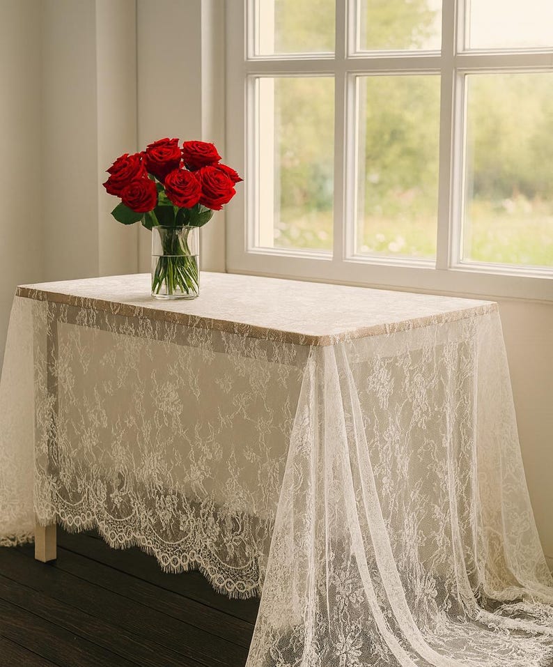 Lace Tablecloth: Floral Embroidered Wedding Linen Table Decor, Romantic Victorian Vintage Elegant Party Decoration image 1