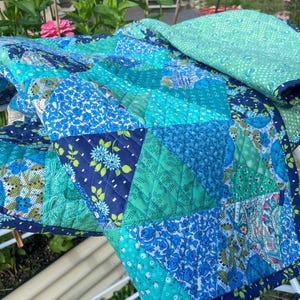 Blue Morning Glory lap quilt: blue, green, vintage fabric