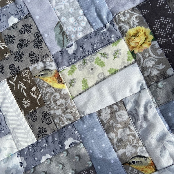 lemon bird handmade quilt for sale | scrappy patchwork quilt | cottagecore farmhouse style | floral throw blanket | gift for gardener