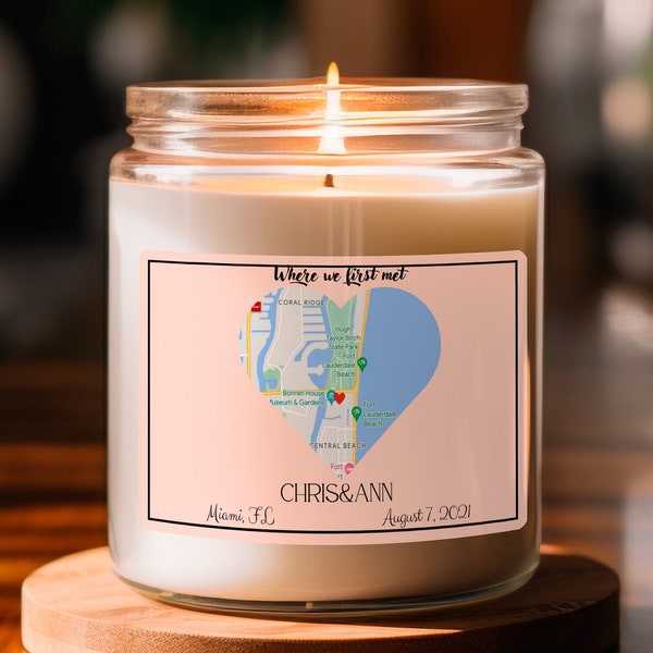 Personalised Where We First Met Candle Wedding Gift Anniversary Gift Engagement Gift Couple Gift Valentines Gift Where We Met Map First Date