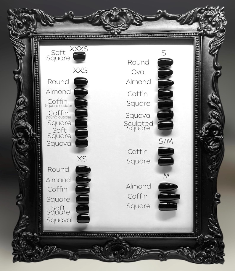 May include: A white board with a black frame displays a chart of nail shapes and sizes. The chart shows different nail shapes, including round, almond, coffin, square, soft square, and squoval. The chart also shows different sizes, including XXXS, XXS, XS, S, S/M, and M.