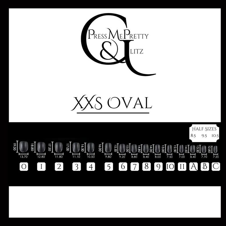 XXS nail tips in oval shape that includes measurements