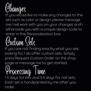 May include: Text on a black background explaining how to make changes to a custom set and how long it takes to process an order. The text says "Changes", "Custom Sets", and "Processing Time".