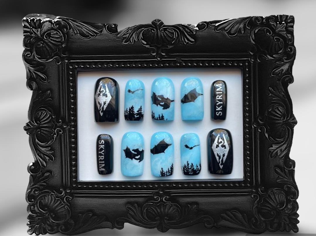 Skyrim Inspired Dragon Luxury Press On Nails for Gamers and Fantasy Lovers Nail Set Reusable Gel Nail Extensions Handpainted Home DIY Nails