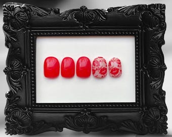 Lipstick Kisses Press On Nails, Red Amor Accent, Handmade