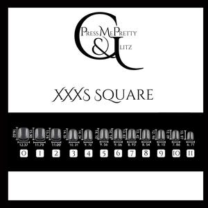 XXXS nail tips in square shape that includes measurements