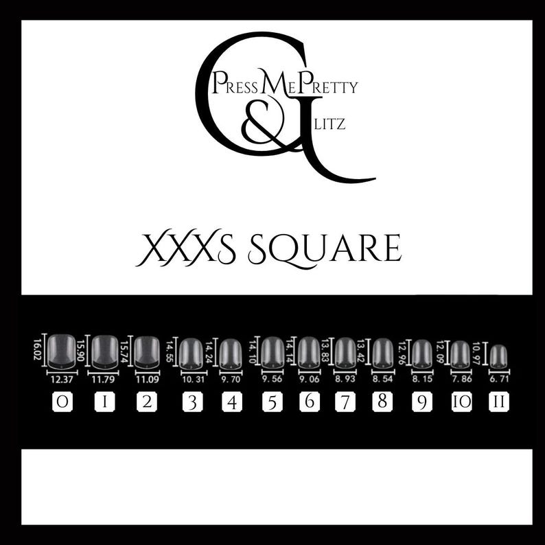 XXXS nail tips in square shape that includes measurements