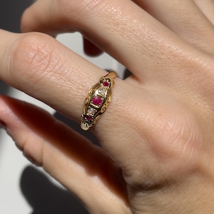 Antique ruby and diamond boat ring on 18ct gold