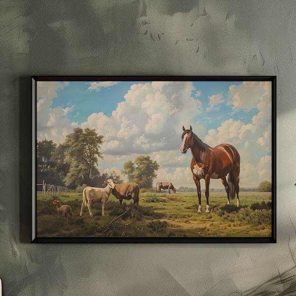 Farmhouse Animal Neoclassical Oil Painting Print Horse Sheep and Cattle Canvas Digital Print Ranch Cottage and Homestead Landscape Decor