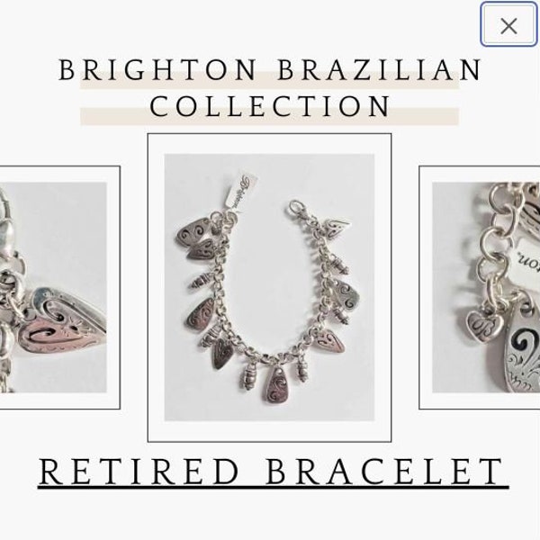 Brighton Brazilian Collection Bracelet, Retired Vintage Jeweley, Rare, Unique, Timeless, Elegant, Silver Heart & Oblong Scroll Work Charms
