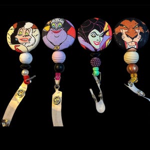 Evil Villains Badge Reel-Cruella de Vil-Ursula-Maleficent-Scar Lion King- Villains ID Holder- Villains ID Holder- Nurse Hospital ID Holder