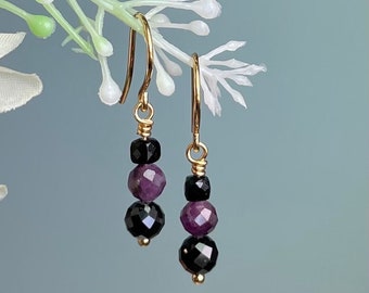 Natural Purple Red Ruby and Black Spinel Gemstone Earrings