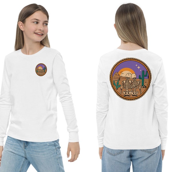 Desert Lovers Kids Long Sleeve Shirts With Front & Back Design, Eye Catching Youth Sized American Traditional Style Skeletons Graphic Tees