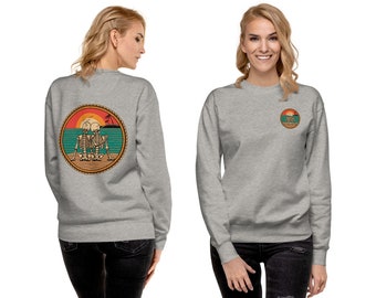 Beach Lovers Pullover Sweatshirt With Front And Back Design, Colorful Tropical Sunset Crew Neck Top, Warm Long Sleeve Cute Skeletons Sweater