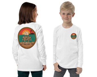 Beach Lovers Youth Long Sleeve Shirt With Front And Back Design, Eye Catching American Traditional Tattoo Style Art Tee, Tropical Sunset Top