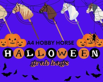 May include: A Halloween-themed graphic with stick horses, jack-o'-lanterns, and bats on a purple background. The text reads "A4 Hobby Horse Halloween grab bags."