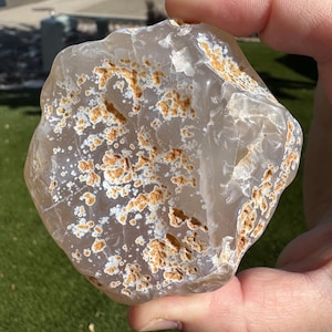 Agate with cube epimorphs. The white is a remnant of its environment, petrified volcanic ash perhaps. Collected and tumbled from Oregon.