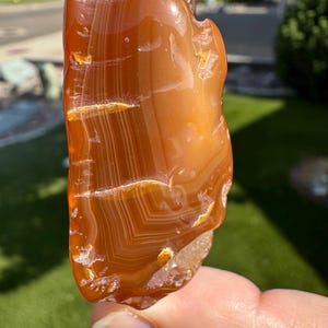 May include: A polished, orange-brown agate stone with layered banding and translucent areas. The natural gemstone has a smooth, glossy surface and a rough, textured edge. The stone is held up against a background of green grass and a house.
