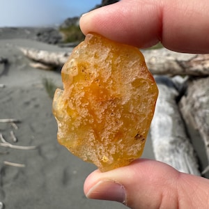 May include: A translucent, amber-colored stone with a rough, textured surface. The stone is held between two fingers, showcasing its irregular shape and varying shades of yellow and orange. The background features a beach setting with driftwood and a hazy sky.