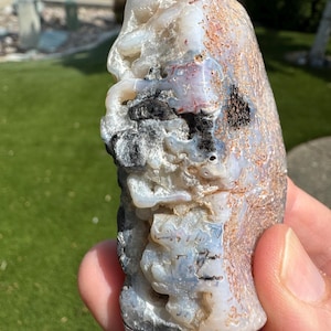 Quirky agate geode with tubes and epimorphs. Collected and tumbled, from Agate Desert in southern Oregon.