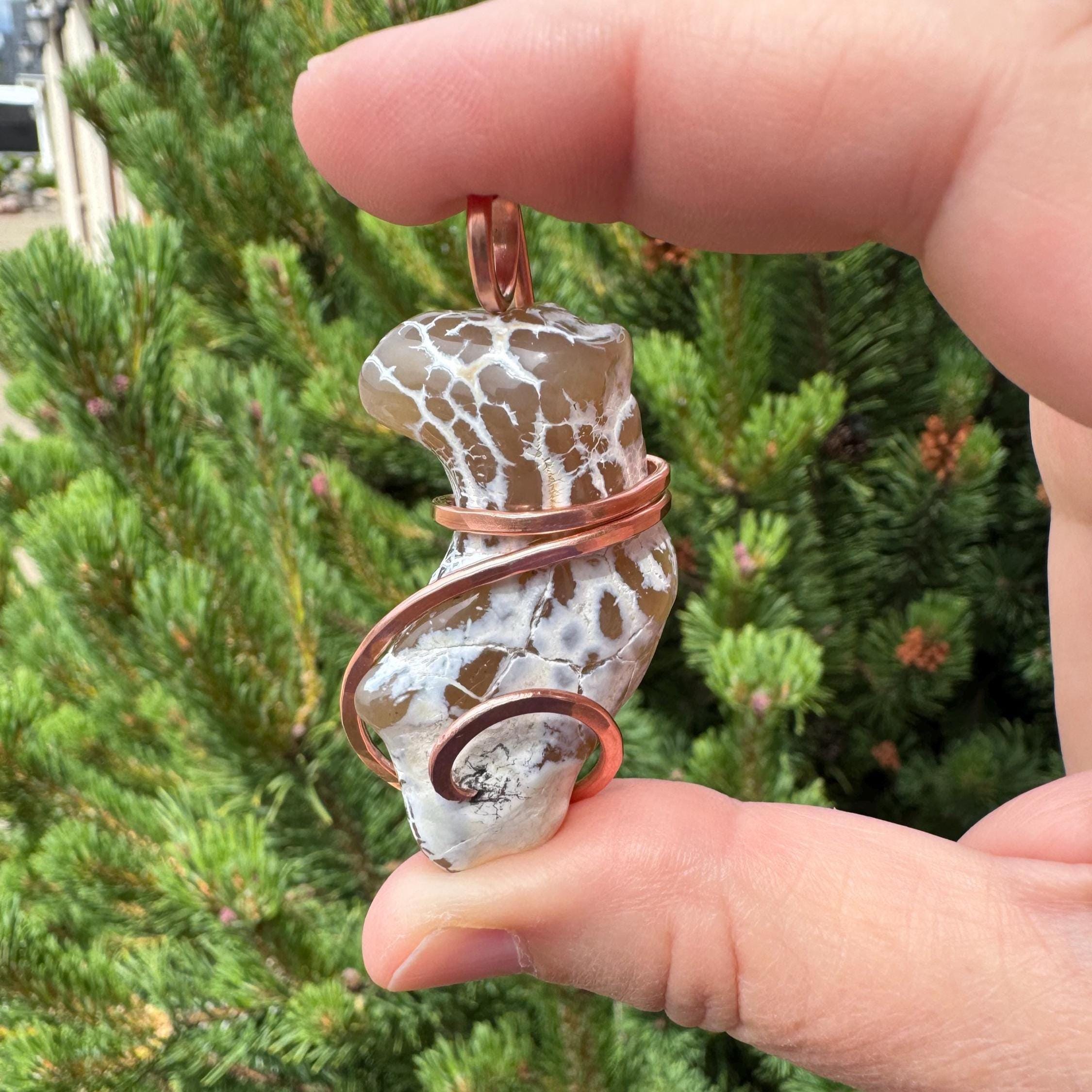 Snakeskin Agate pendant in custom hammered copper wrap. Collected and tumbled from Rome, Oregon. 2025 is the year of the Snake.