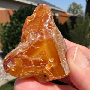 May include: A polished, natural carnelian gemstone. The stone displays a rich blend of orange, amber, and white hues, with visible banding and a smooth, glossy surface. The carnelian is held in a hand, showcasing its natural form and color variations.