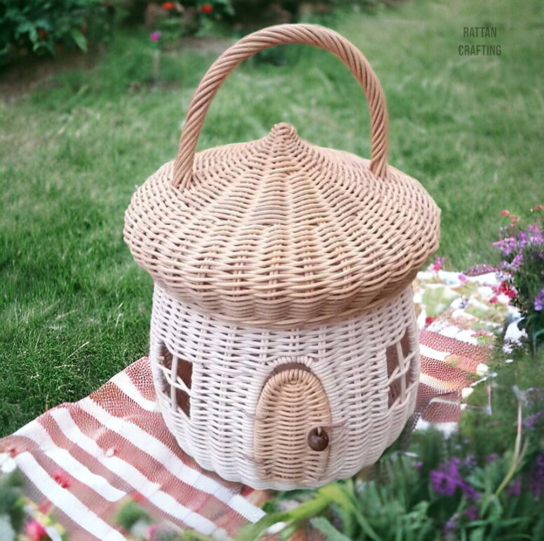Picnic Basket House, Rattan Basket Mushroom House, Handwoven Basket, Kids Toys, Gift for Kids