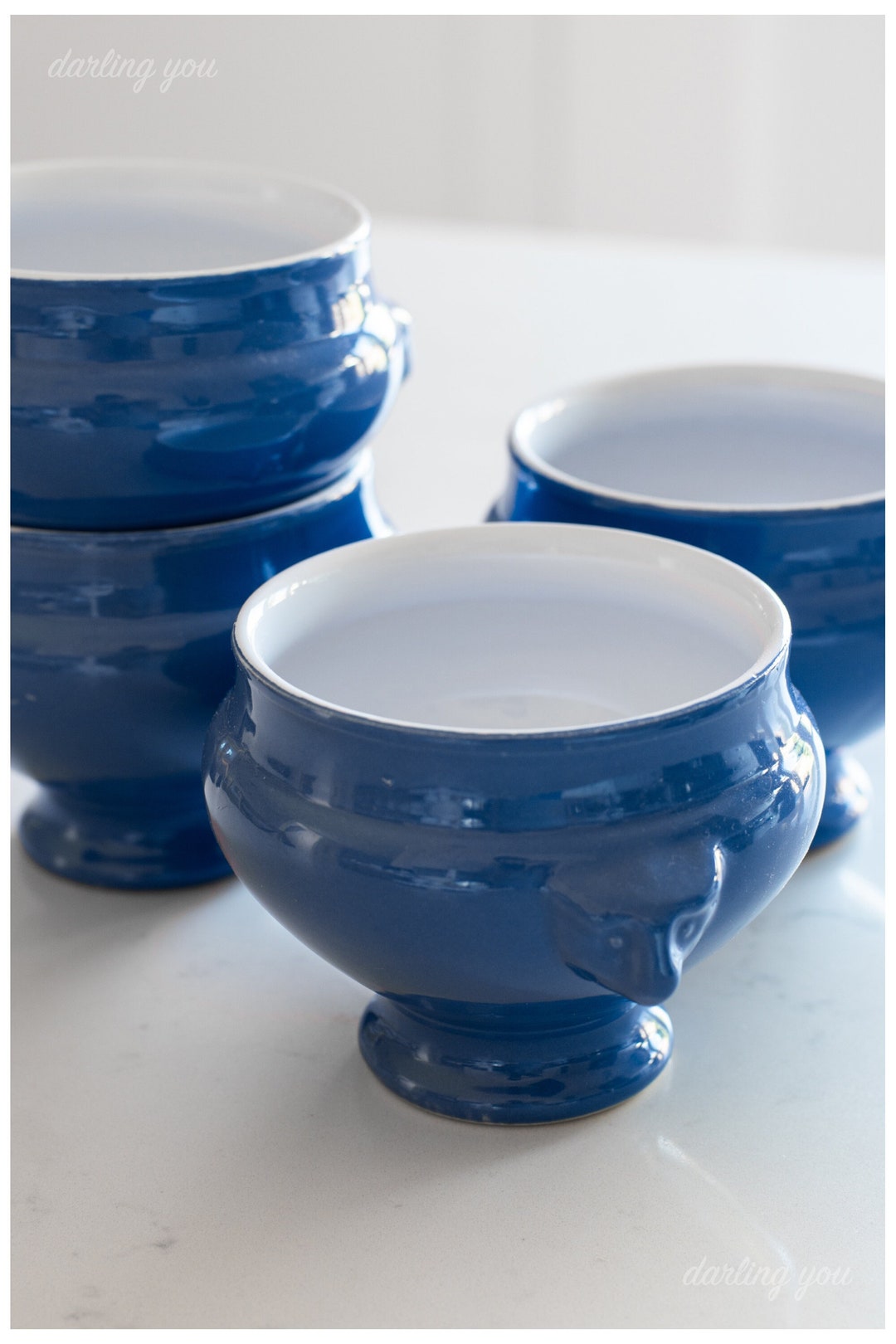 Antique Emile Henry Lion Head Soup Bowls set of Four, Blue Glazed