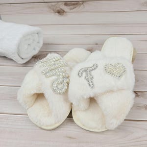 Custom Mrs. Faux Fur Slippers: Pearl Initial Bridal Gift