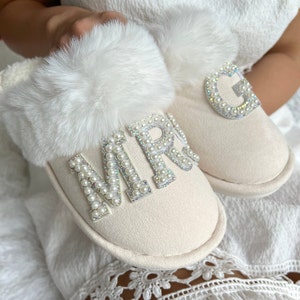 Custom Bride Slippers: Faux Fur, Rhinestone Initial, Getting Ready Essential