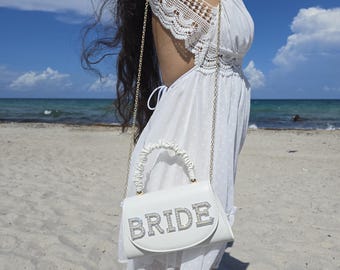 White Bride Bag, Bride Evening Bag, Bride Pearl custom bag, Bridal party gifts, Bride clutch, Bridal shower gifts, Wedding day Bag for Bride