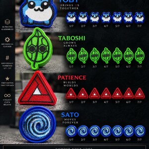 May include: A collection of four distinct mechanical clickers labeled Toby, Taboshi, Patience, and Sato. Each design features seven variations numbered 1/7 through 7/7. The set includes a blue frog, a green leaf, a red triangle, and a blue spiral.
