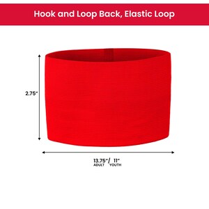May include: Red elastic sports headband with hook and loop closure. The headband measures 2.75 inches tall and 13.75 inches long for adults, or 11 inches long for youth.