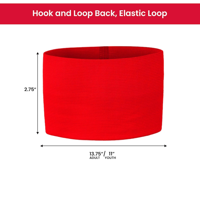 May include: Red elastic sports headband with hook and loop closure. The headband measures 2.75 inches tall and 13.75 inches long for adults, or 11 inches long for youth.