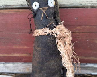 Figura rústica de gato negro para colocar en un estante, hecha a mano.