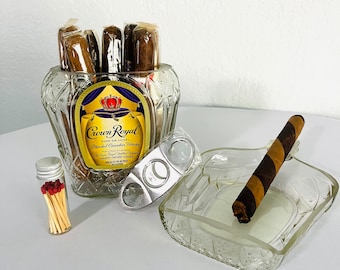 Crown Royal Cigar Gift Set, Ashtray, Cutter, and Matching Crown Bottle