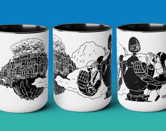 Castle in the Sky Inspired Ceramic Mug v2 (11oz or 15oz), Anime, Cute, Miyazaki, Gifts (Feat. Sheeta, Pazu and the Laputian Robot Trooper)