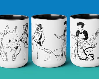 Princess Mononoke Inspired Ceramic Mug 15oz, Anime Mug, Cute Mug, Miyazaki Mug, Gifts (Feat. San, Moro, Ashitaka, and Yakul)