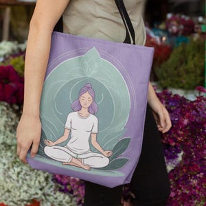 Meditation Tote Bag, Boho Eco-Friendly Shopping Bag, Yoga Accessories, Gift for Mindfulness Lovers, Purple Floral Design