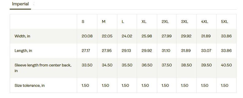 May include: Size chart for a garment with measurements in inches for width, length, and sleeve length from center back. The chart includes sizes from S to 5XL. The size tolerance is 1.50 inches.